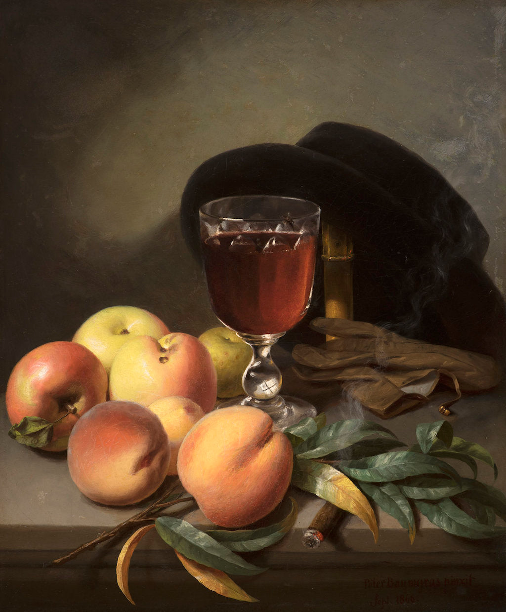 Tabletop with Apples, Peaches, Gloves, Hat, and Cigar, vintage artwork by Peter Baumgras, 12x8" (A4) Poster