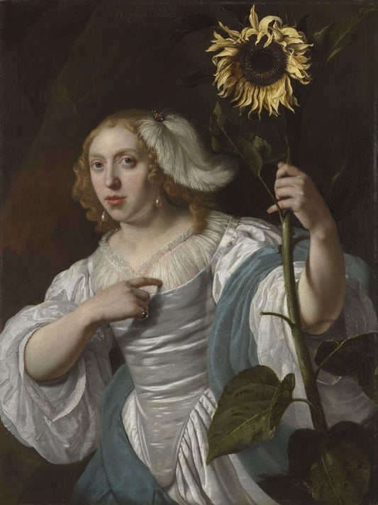 A Young Woman Holding a Sunflower, vintage artwork by Bartholomeus van der Helst, 12x8" (A4) Poster