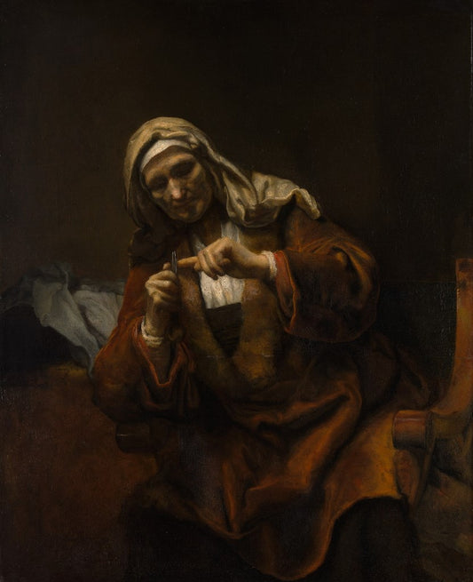 Old Woman Cutting Her Nails, vintage artwork by Dutch School 17th Century - Unknown, 12x8" (A4) Poster