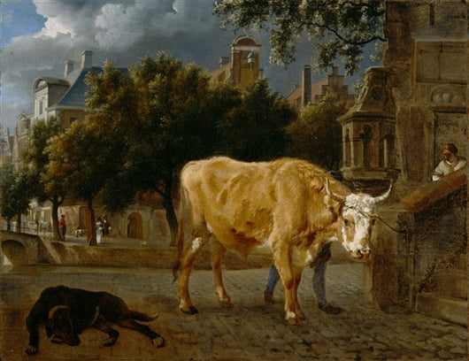 Bull in a city street, vintage artwork by Jan van der Heyden, 12x8" (A4) Poster