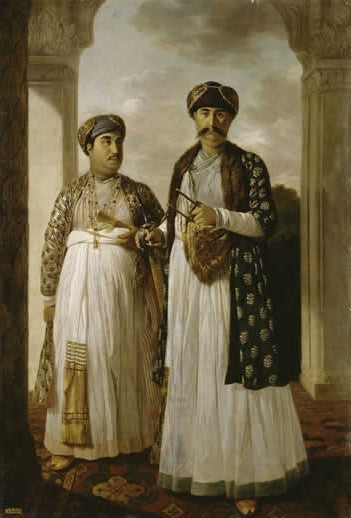 Shuja-ud-daula, Nabab d'Oudh (1731-1775) and his Son Aine Mîrzâ Mânî, vintage artwork by Tilly Kettle, 12x8" (A4) Poster