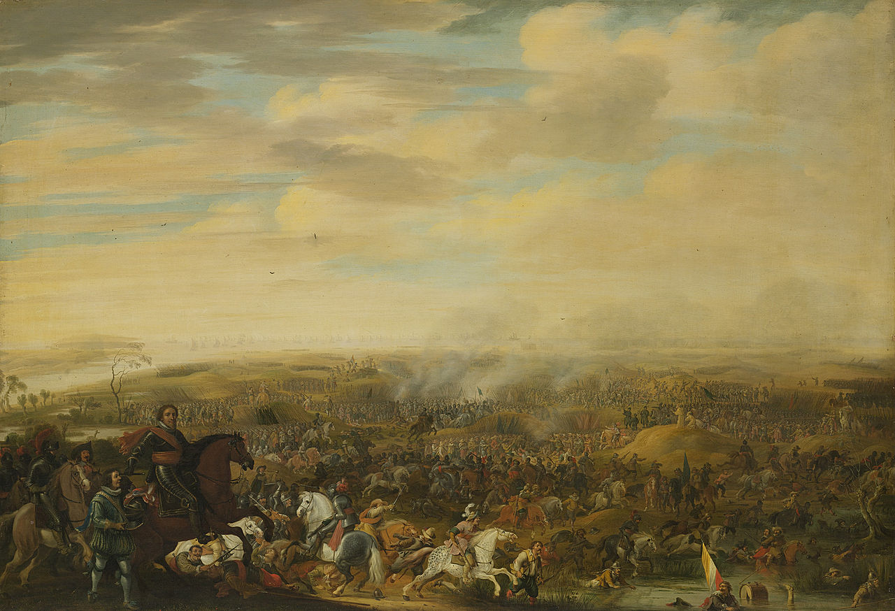 Prince Maurice at the Battle of Nieuwpoort, 2 July 1600, vintage artwork by Pauwels van Hillegaert, 12x8" (A4) Poster