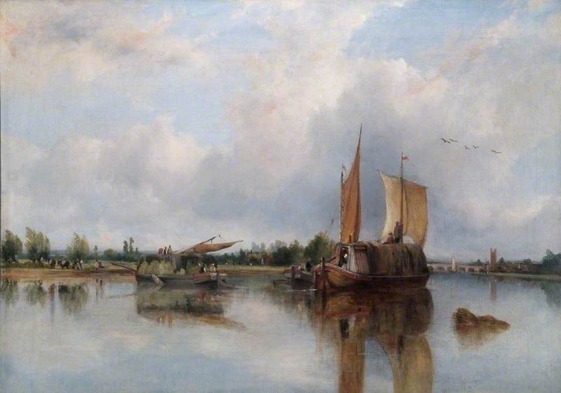 View of Barges on the Thames, vintage artwork by Frederick Waters Watts, A3 (16x12") Poster Print
