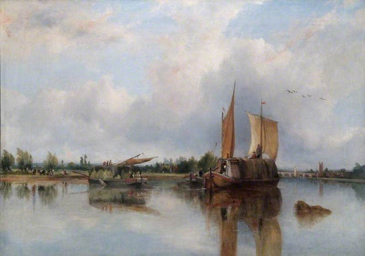 View of Barges on the Thames, vintage artwork by Frederick Waters Watts, A3 (16x12") Poster Print