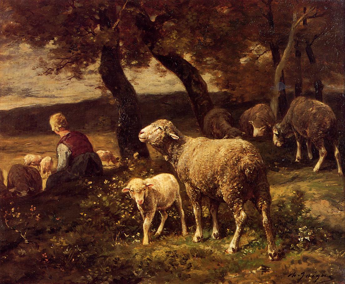 Shepherdess and Sheep, vintage artwork by Charles-Émile Jacque, A3 (16x12") Poster Print