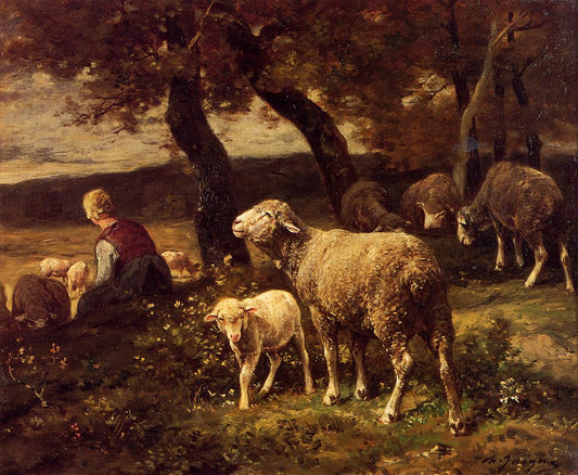 Shepherdess and Sheep, vintage artwork by Charles-Émile Jacque, A3 (16x12") Poster Print