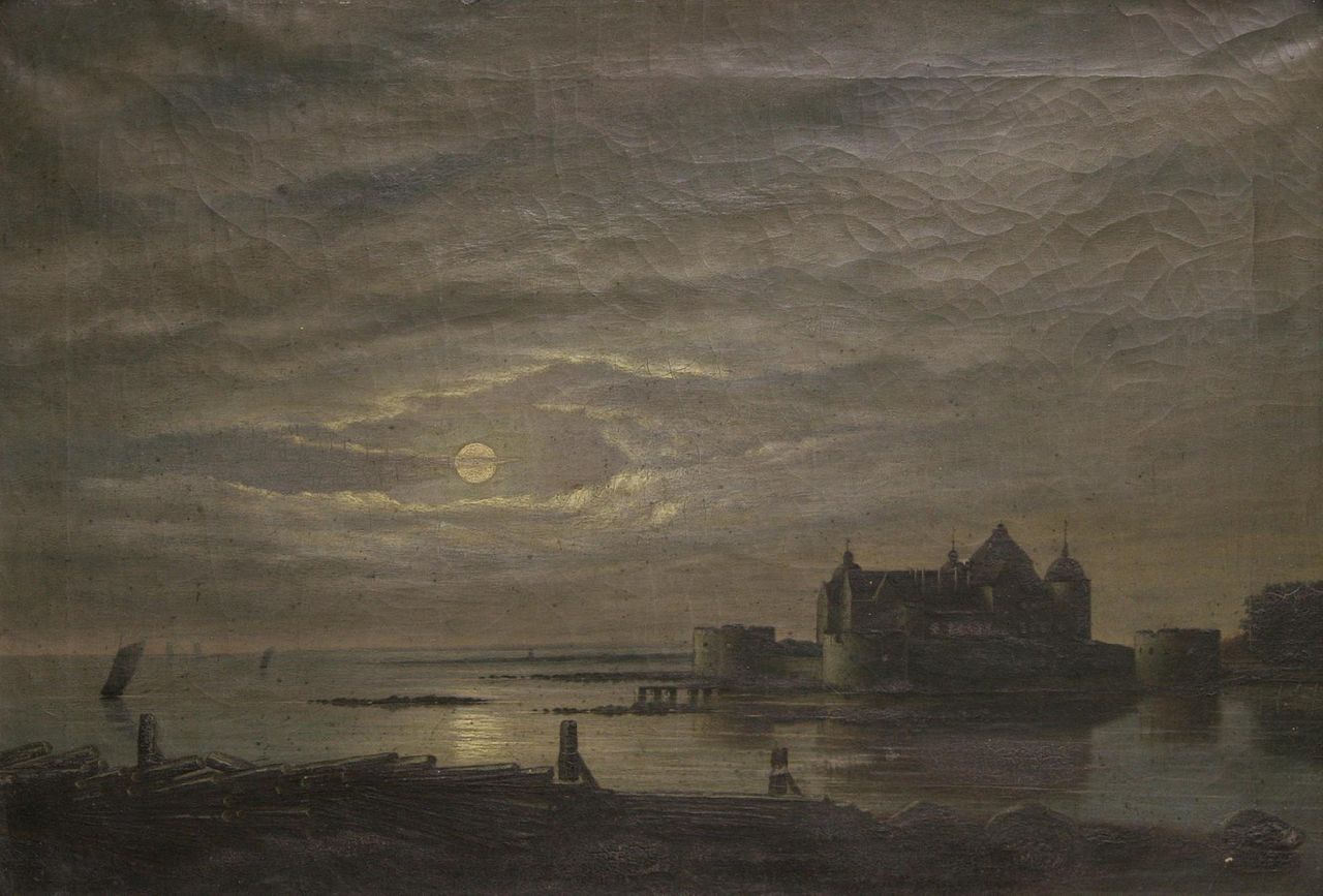 Landscape with a Castle in the Moonlight, vintage artwork by Carl Johan Fahlcrantz, 12x8" (A4) Poster