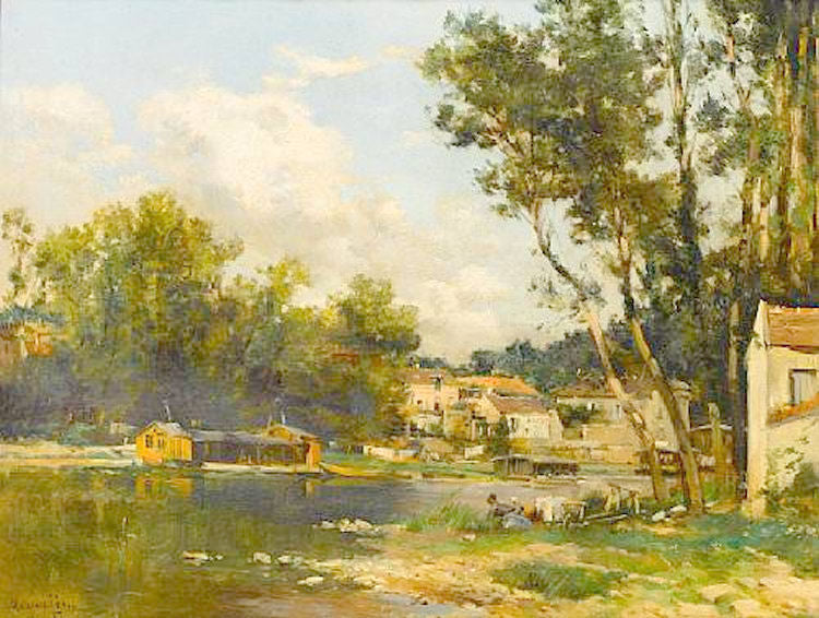 Washerwomen by Loing at Moret by Maurice Levis,A3(16x12")Poster