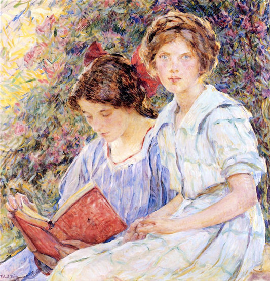 Two Women Reading, vintage artwork by Robert Lewis Reid, 12x8" (A4) Poster
