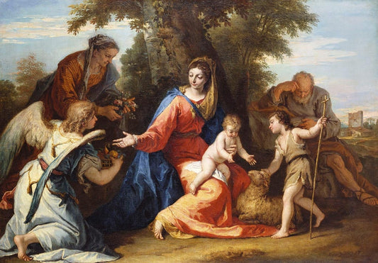 The Holy Family with Saint Elizabeth, Saint John the Baptist and an Angel, vintage artwork by Sebastiano Ricci, 12x8" (A4) Poster