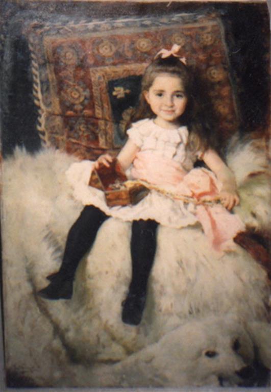 Little Girl Seated on a Bear Rug, vintage artwork by Isidoro Grunhut, 12x8" (A4) Poster
