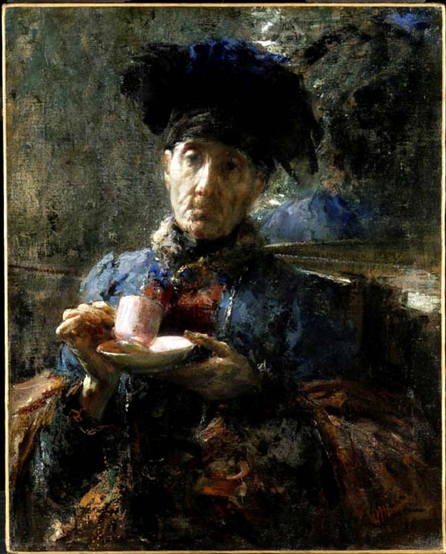 Old Woman Drinking Tea, vintage artwork by Antonio Mancini, 12x8" (A4) Poster
