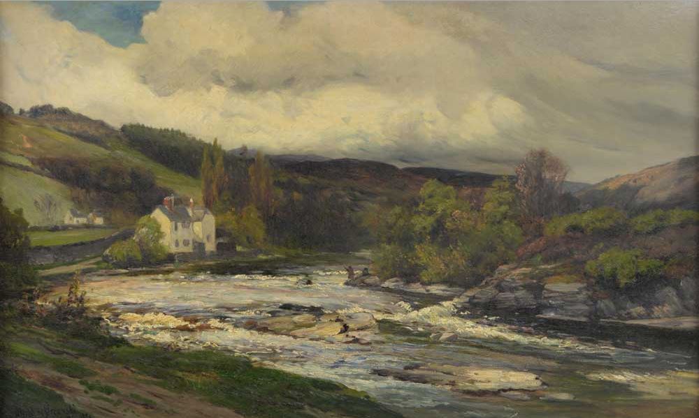 Landscape with cottage and river, vintage artwork by Alfred de Breanski, Sr., 12x8" (A4) Poster