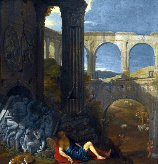 An Architectural Capriccio with Ancient Ruins, a Triumphal Arch and an Haut-Relief Sculpture, vintage artwork by Jean Lemaire, 12x8" (A4) Poster