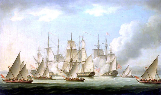 Attack on HMS 'Aurora' by  Pirates, 1812: End of the Action, vintage artwork by Thomas Buttersworth, 12x8" (A4) Poster