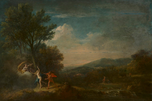 River Landscape with Apollo Pursuing Daphne, vintage artwork by Francesco Zuccarelli, 12x8" (A4) Poster