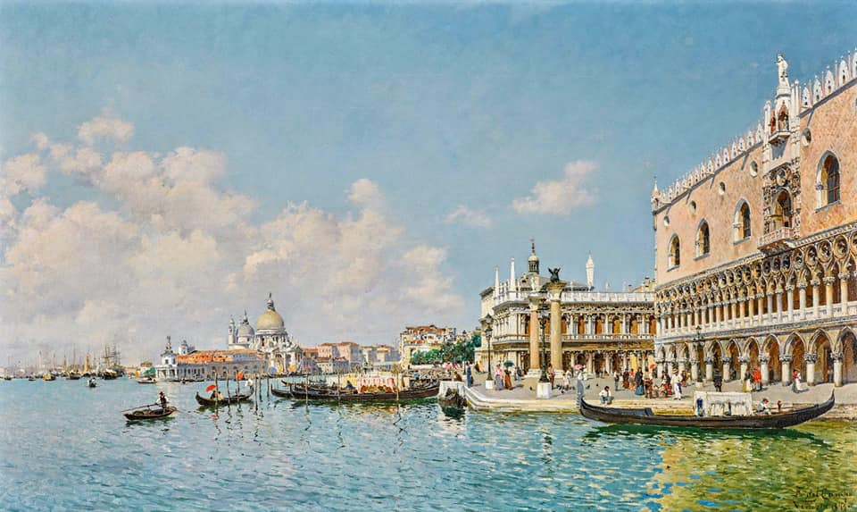 The Doge's Palace And The Grand Canal, Venice, vintage artwork by Federico del Campo, 12x8" (A4) Poster