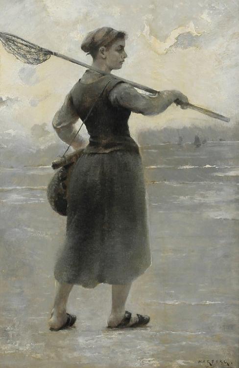 Woman Gathering Oysters, vintage artwork by August Wilhelm Nikolaus Hagborg, 12x8" (A4) Poster