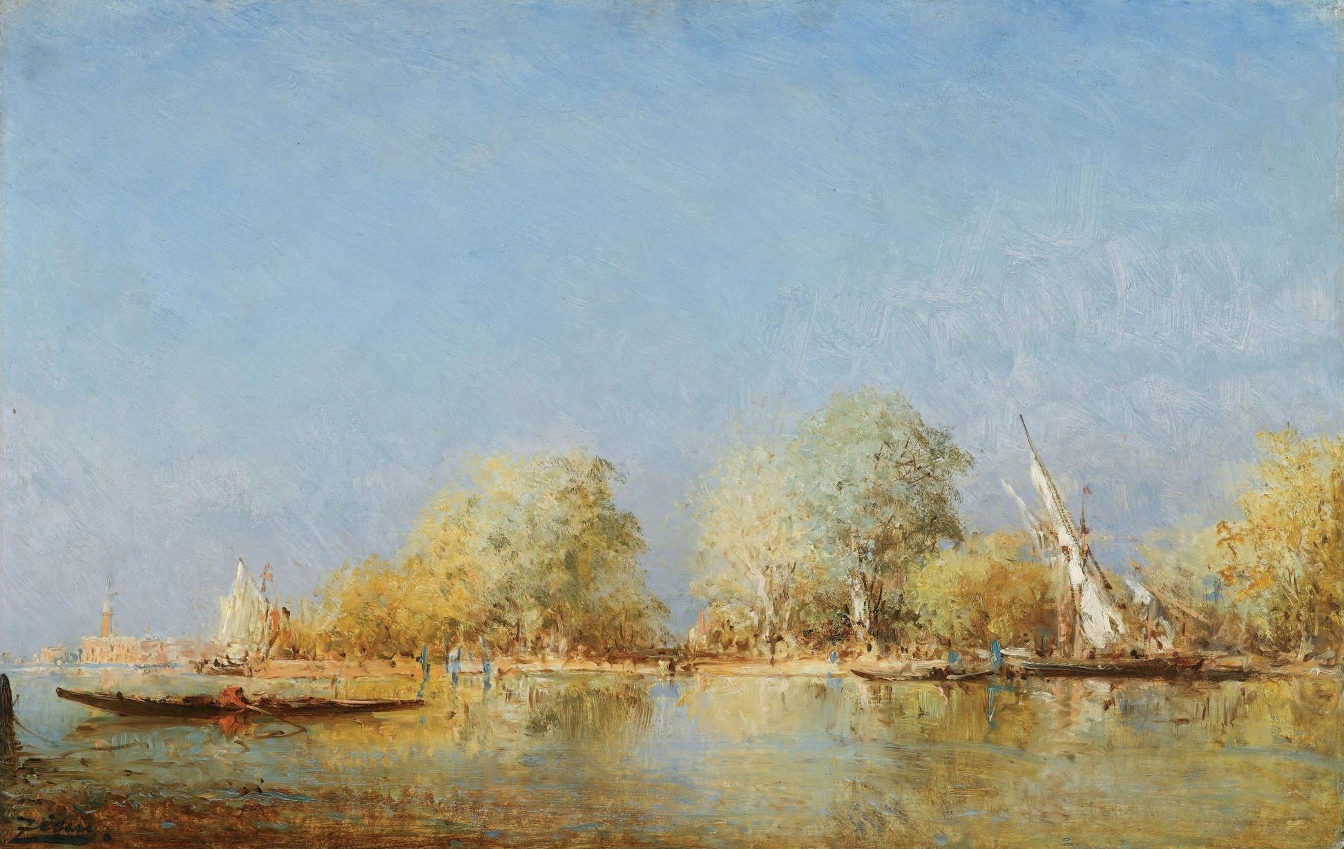 Gondolas near the French Gardens, Venice, vintage artwork by Felix-Francois-Georges-Philbert Ziem, 12x8" (A4) Poster