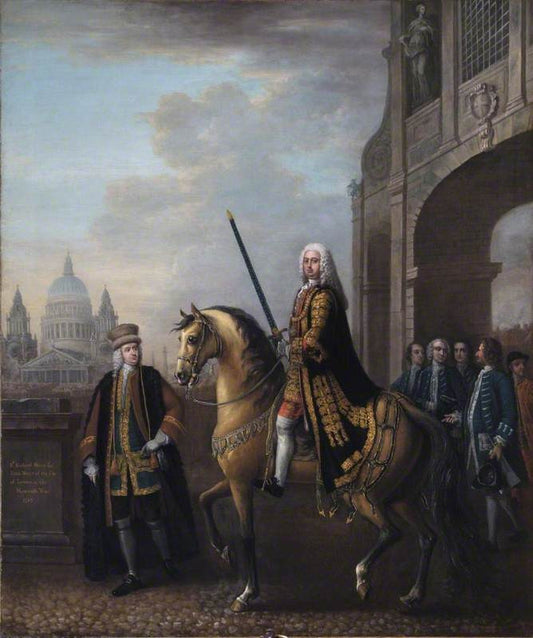 Equestrian Portrait of Sir Richard Hoare II as Lord Mayor of London, at Temple Bar, vintage artwork by John Wootton, 12x8" (A4) Poster