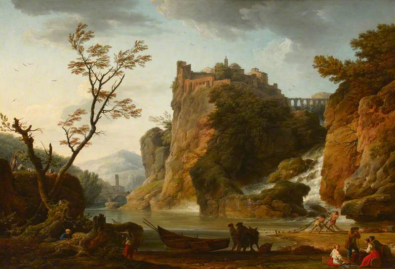 A River Landscape with a Waterfall and a Castle and Aqueduct Above, vintage artwork by Claude-Joseph Vernet, 12x8" (A4) Poster