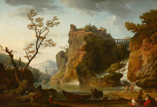 A River Landscape with a Waterfall and a Castle and Aqueduct Above, vintage artwork by Claude-Joseph Vernet, 12x8" (A4) Poster
