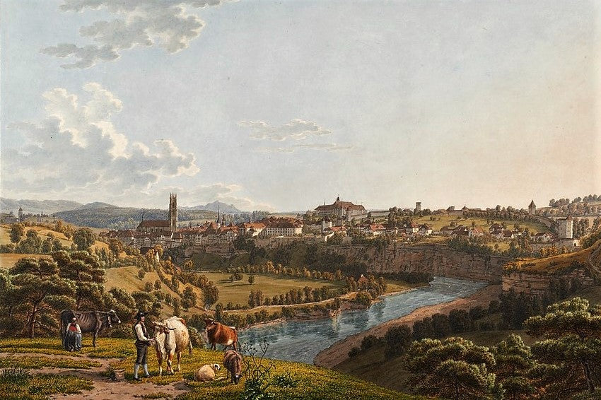 Fribourg from the North, vintage artwork by Johannes Jakob Biedermann, 12x8" (A4) Poster