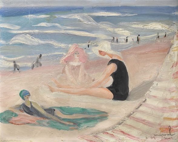 Bathers on the Beach in Biarritz by Jacqueline Marval,A3(16x12")Poster