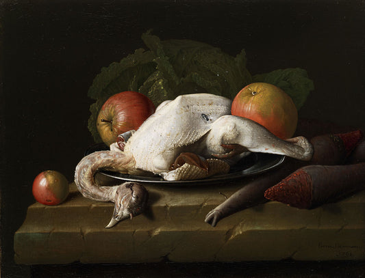 Still life with plucked chicken, apples and turnips, vintage artwork by Peter Jacob Horemans, 12x8" (A4) Poster