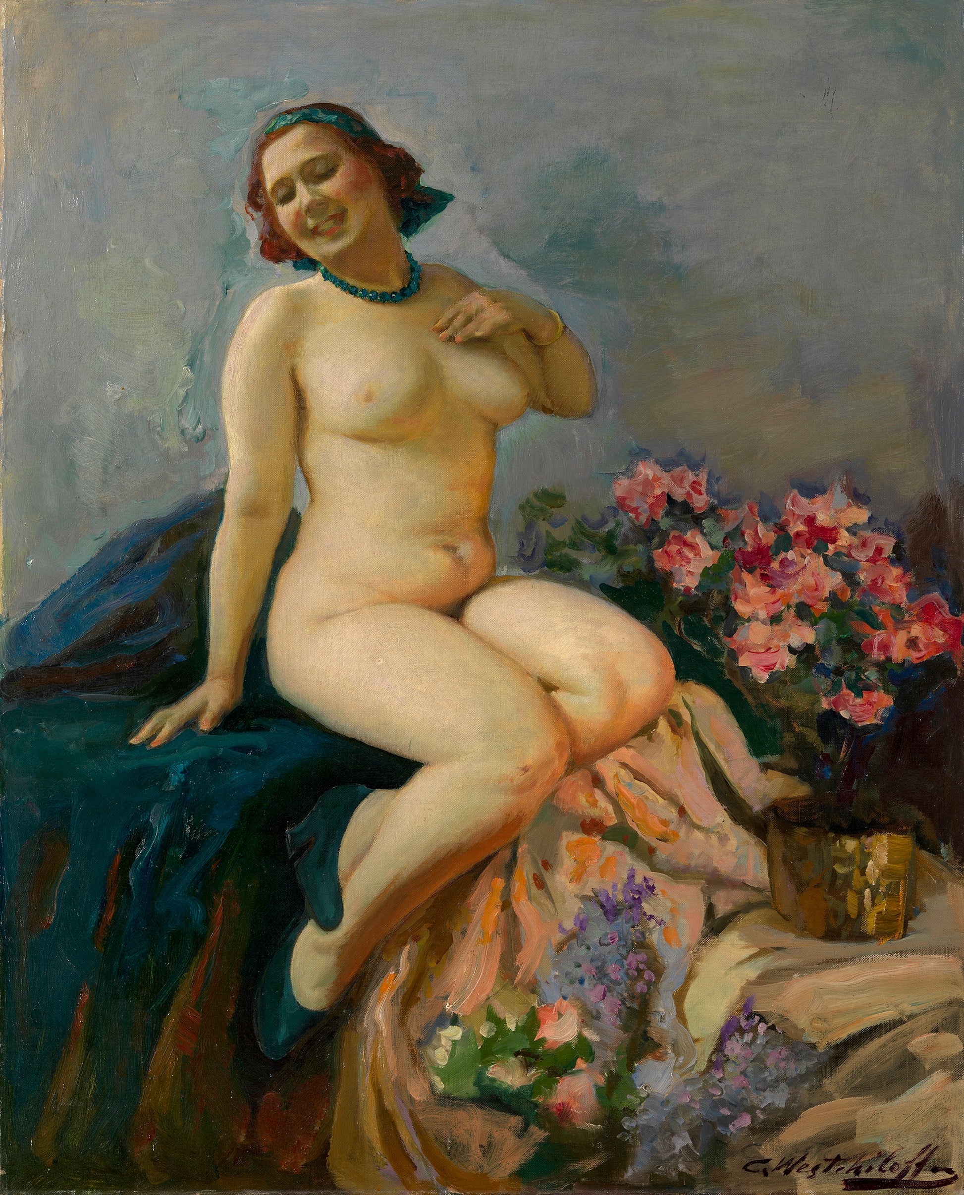 Nude with a Necklace, vintage artwork by Konstantin Westchilov, 12x8" (A4) Poster