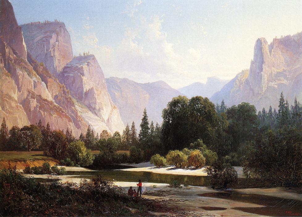 Piute Indians in Yosemite Valley, vintage artwork by Thomas Hill, 12x8" (A4) Poster