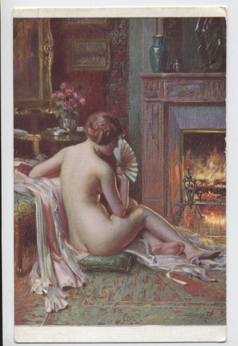 Beauty Seated by  the Fireside, vintage artwork by Delphin Enjolras, 12x8" (A4) Poster