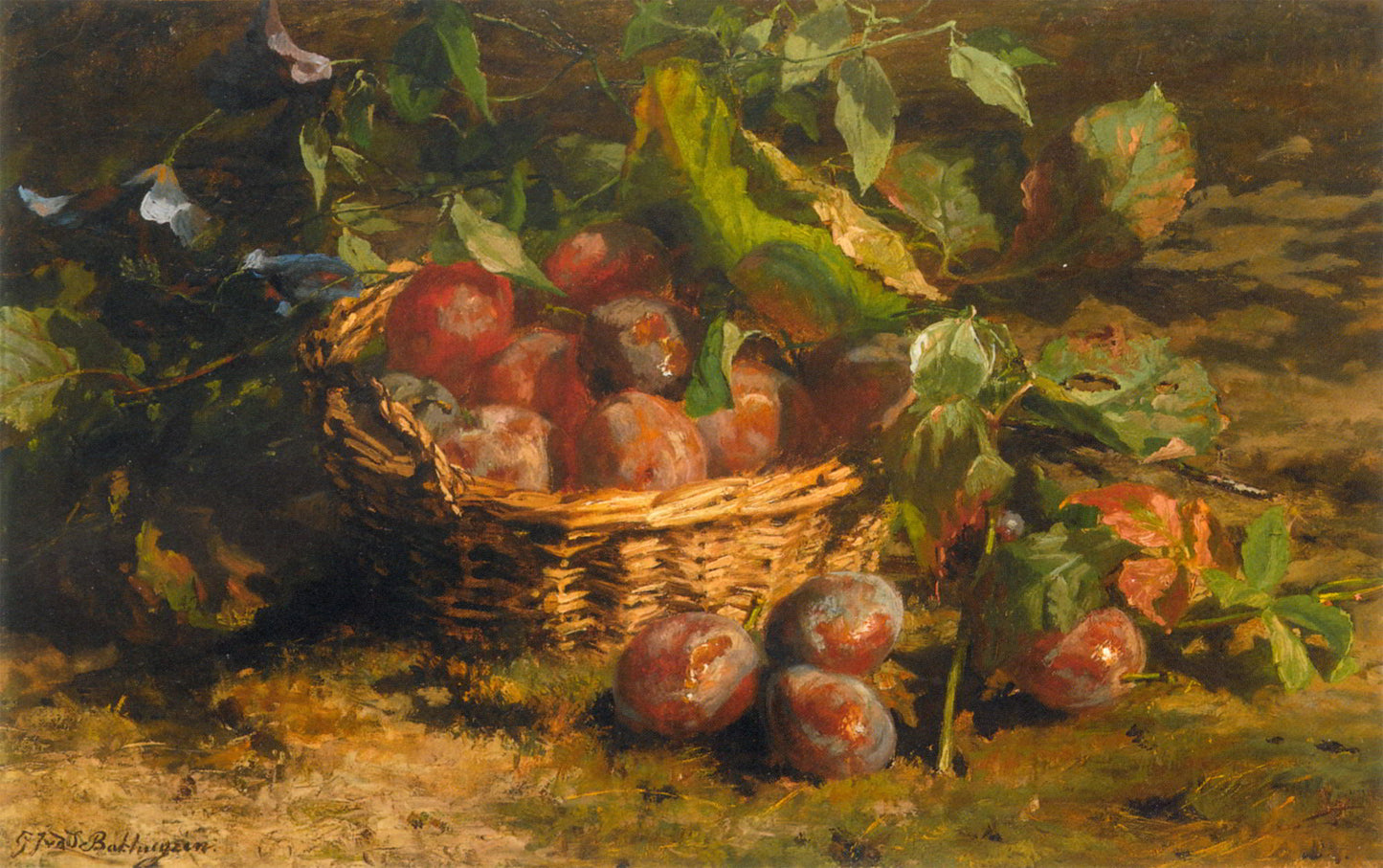 Still-life with Plums in a Basket, vintage artwork by Geraldine Jacoba van de Sande Bakhuyzen, 12x8" (A4) Poster