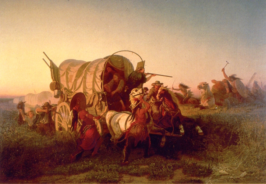The Attack on an Imigrant Train, vintage artwork by Karl Ferdinand (Carl or Charles) Wimar, 12x8" (A4) Poster