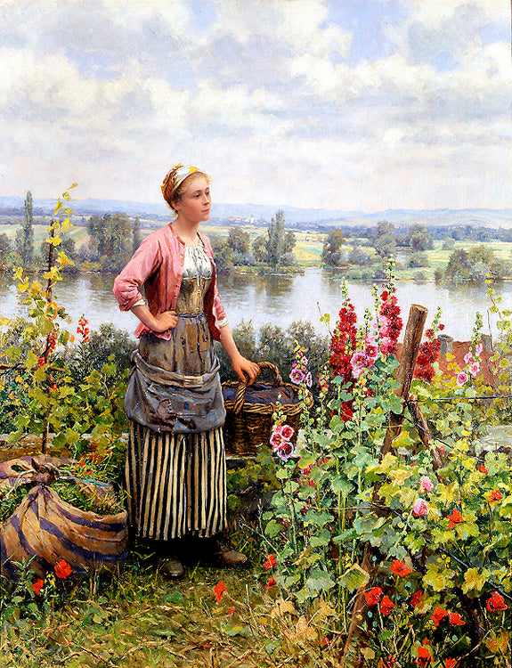 Maria on the Terrace with a Bundle of Grass, vintage artwork by Daniel Ridgway Knight, 12x8" (A4) Poster