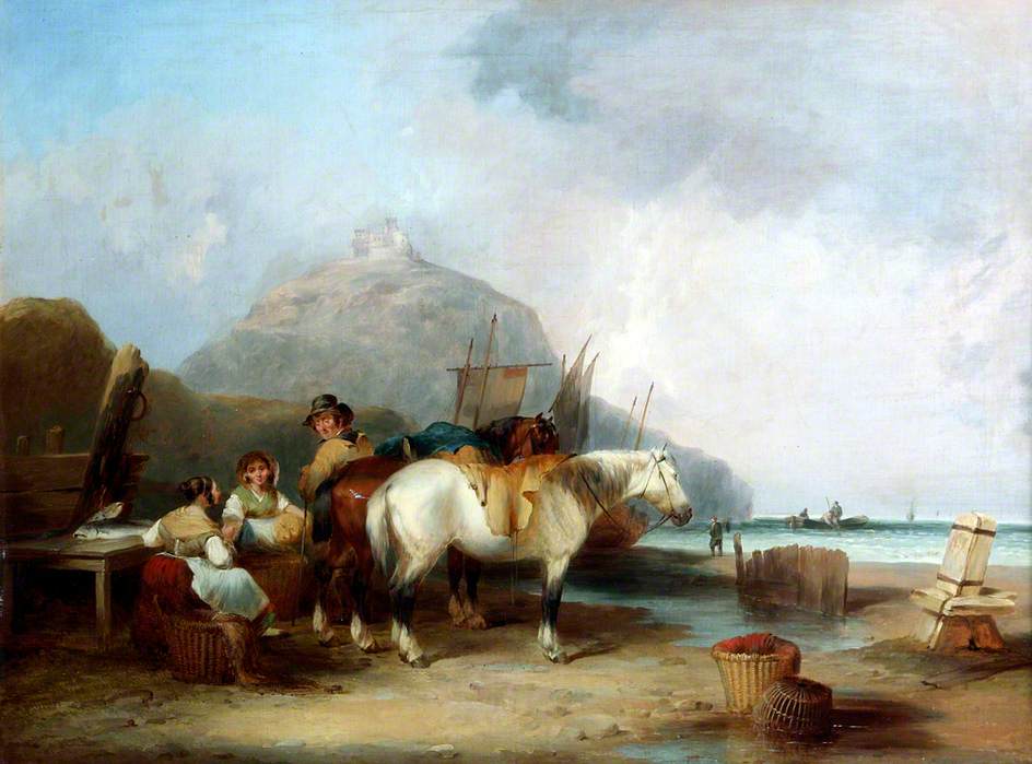 Coast Scene with Figures and Horses, vintage artwork by William Shayer Snr, 12x8" (A4) Poster