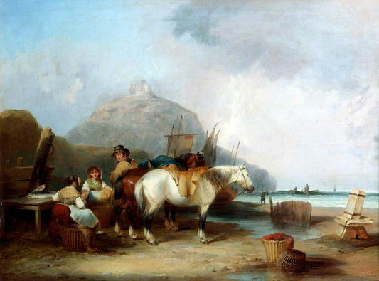 Coast Scene with Figures and Horses, vintage artwork by William Shayer Snr, 12x8" (A4) Poster