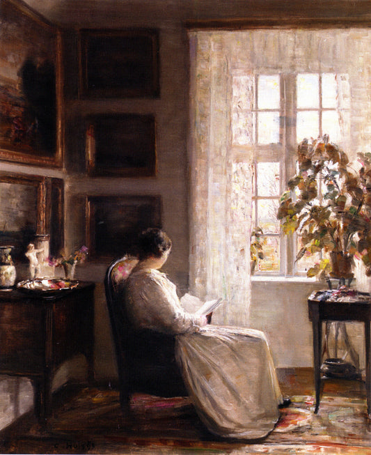 Reading in the Morning Light, vintage artwork by Carl Vilhelm Holsøe, 12x8" (A4) Poster