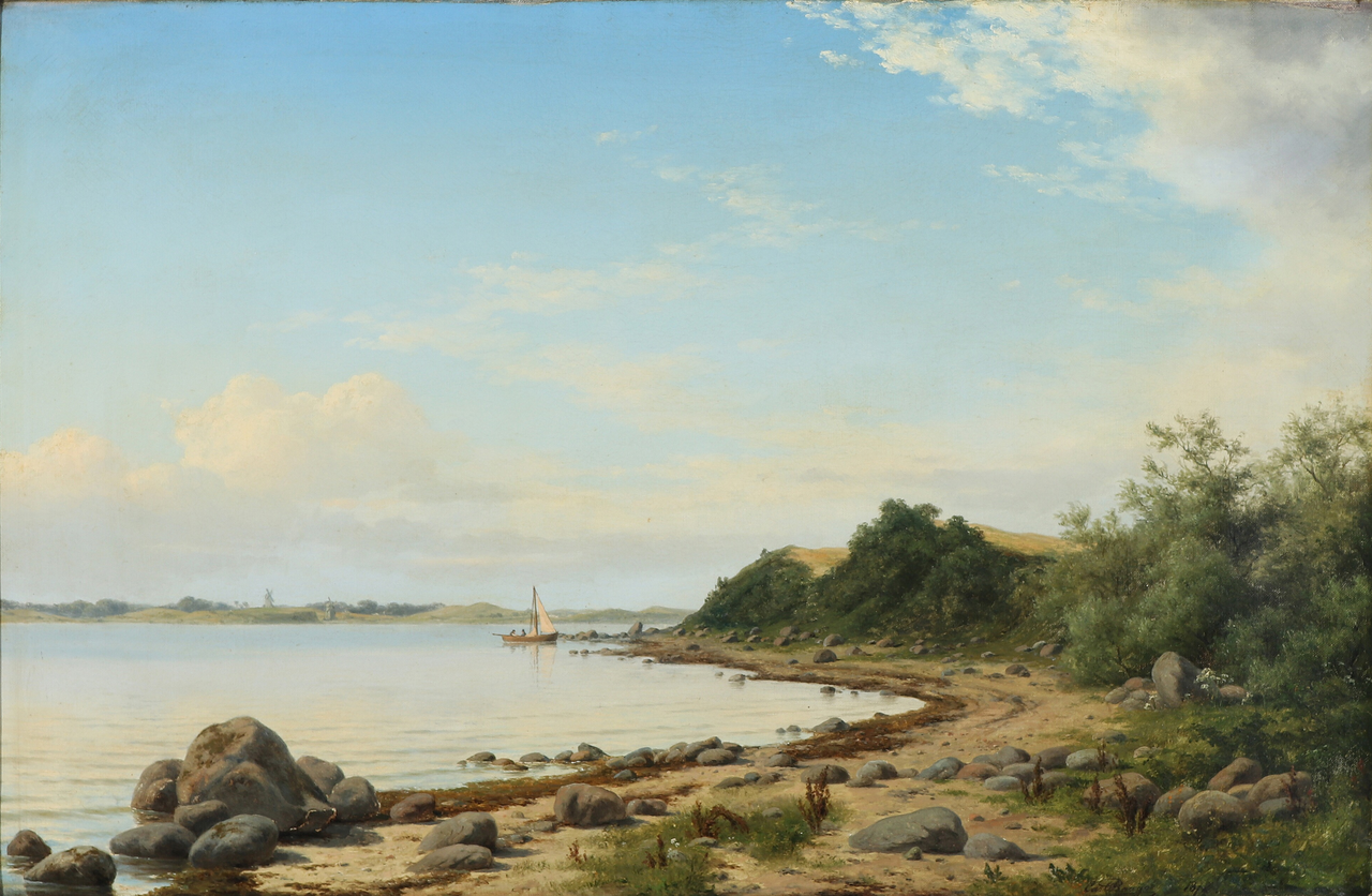 Coastal scene with Sail Boat and Clouds, vintage artwork by Carl Baagöe, 12x8" (A4) Poster
