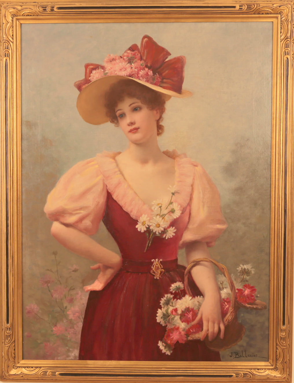Young Woman with Flowres, vintage artwork by Jules Frederic Ballavoine, 12x8" (A4) Poster