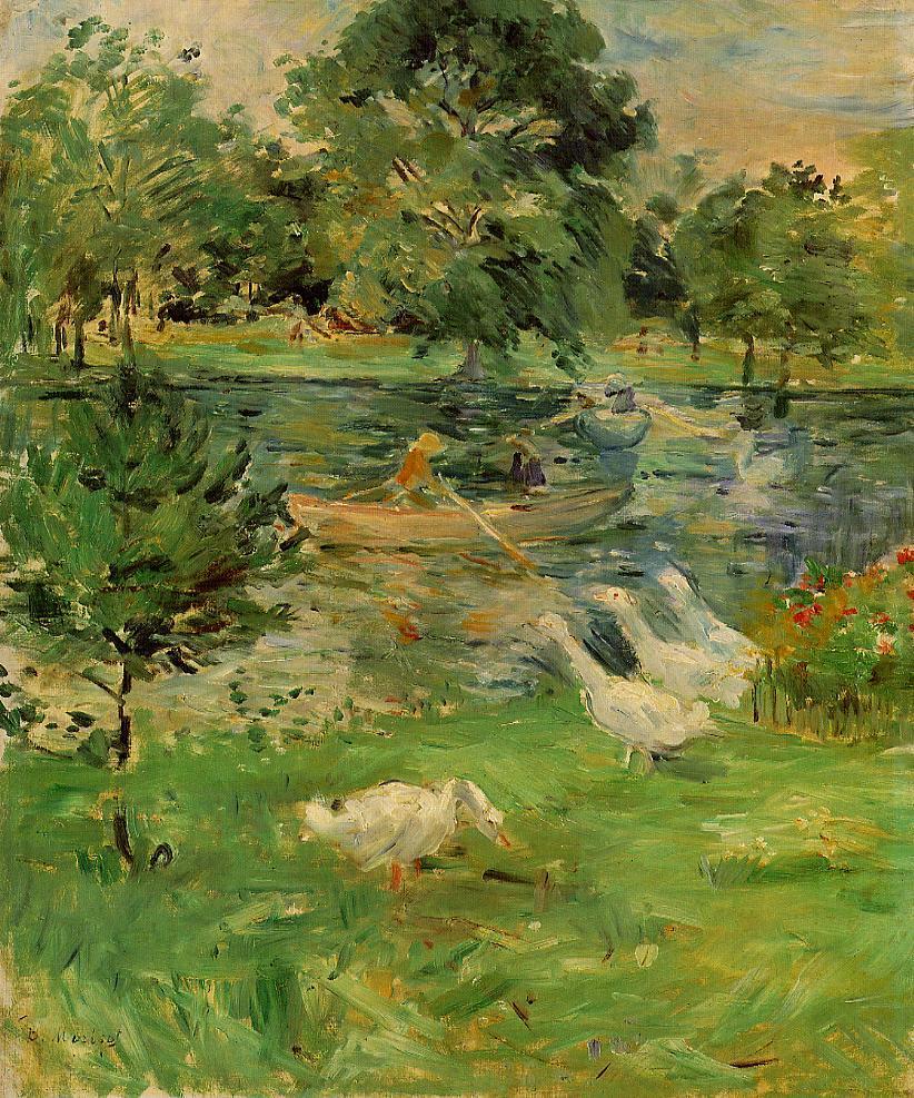 Girl in a Boat, with Geese, vintage artwork by Berthe Morisot, 12x8" (A4) Poster