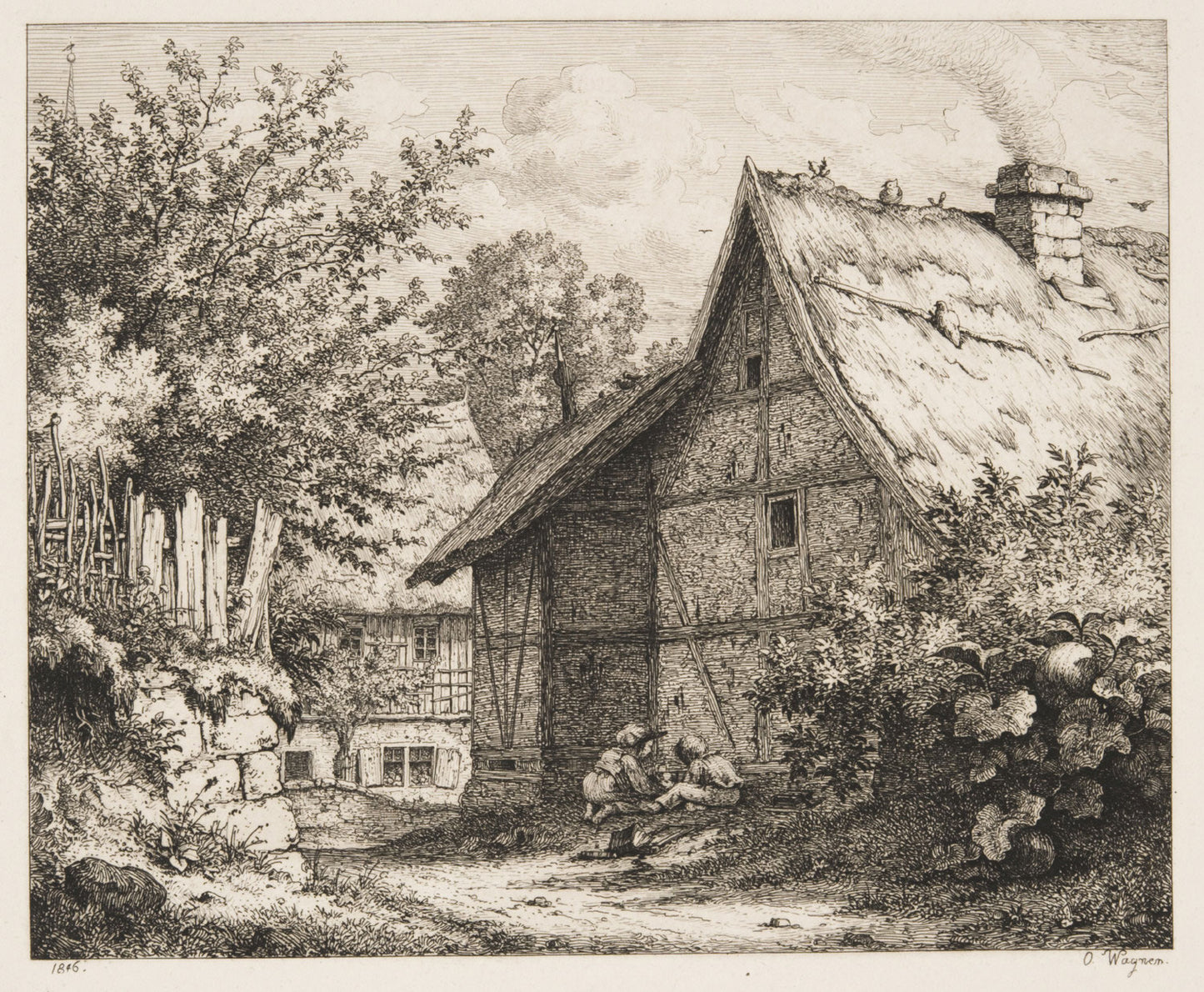 Children Playing outside a Farmhouse, vintage artwork by Otto Wagner, A3 (16x12") Poster Print