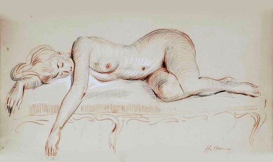 Nude on the Sofa, vintage artwork by Paul Cesar Helleu, 12x8" (A4) Poster