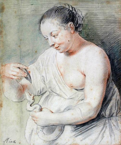 Woman Holding a Serpent, vintage artwork by Govaert Flinck, 12x8" (A4) Poster