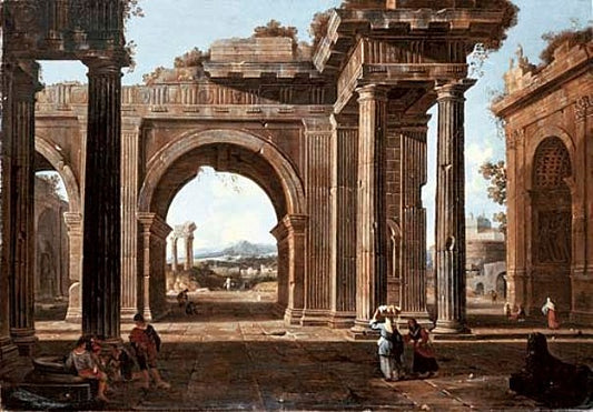 A Capriccio of Classical Ruins with the Arch of Titus and the Temple of Vespasian, vintage artwork by Jean Lemaire, 12x8" (A4) Poster