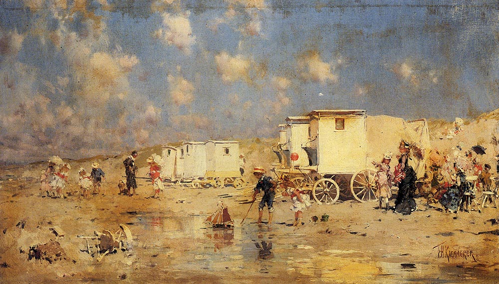 The Beach At Scheveningen, Holland, vintage artwork by Frederik Henrdik Kaemmerer, 12x8" (A4) Poster