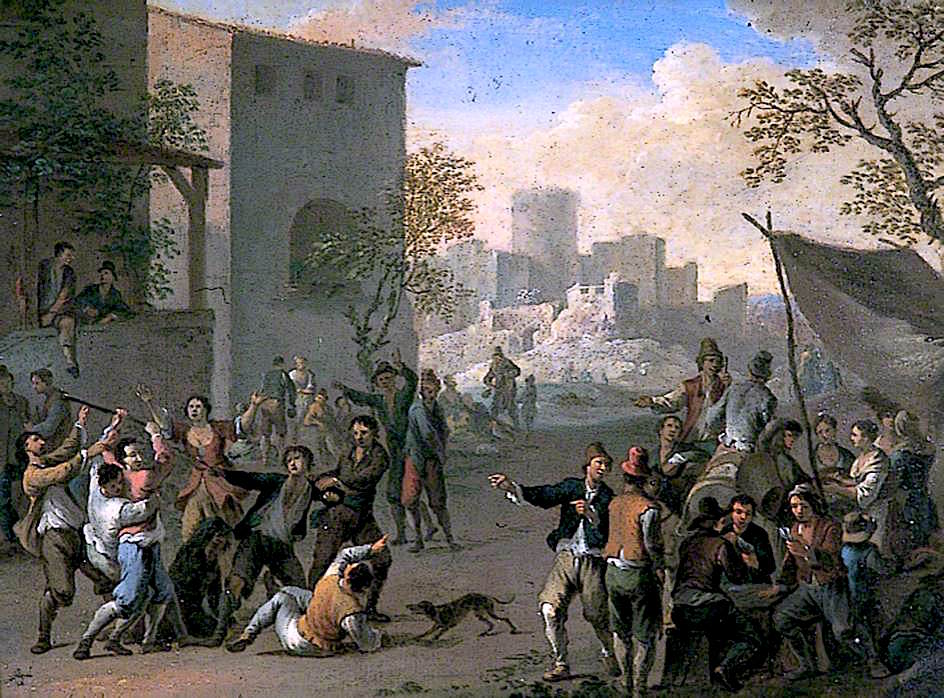 Peasants Brawling in a Village Street, vintage artwork by Franz de Paula Ferg, 12x8" (A4) Poster