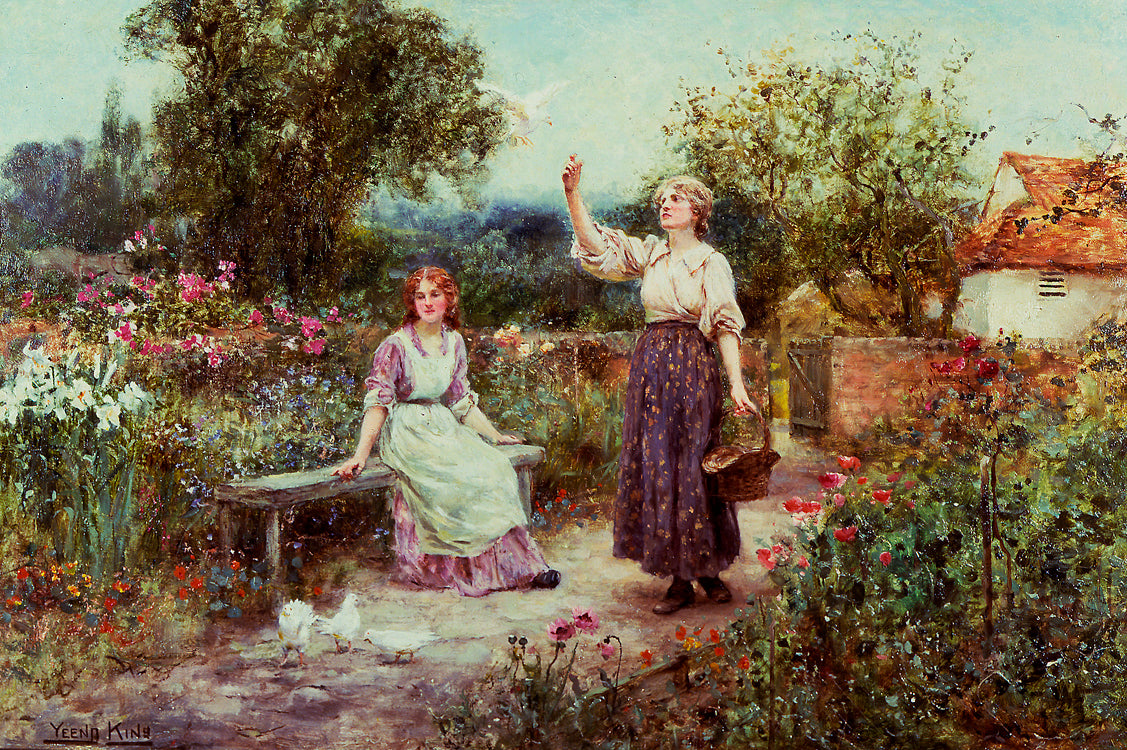 Feeding the Doves, vintage artwork by Henry John Yeend King, 12x8" (A4) Poster