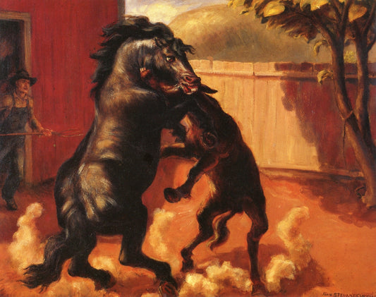 Stallion and Jack Fighting by John Steuart Curry,16x12(A3) Poster