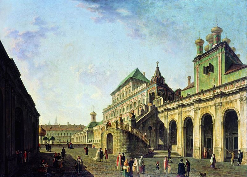 The Boyar Square in the Moscow Kremlin, vintage artwork by Fedor Yakovlevich Alekseev, 12x8" (A4) Poster